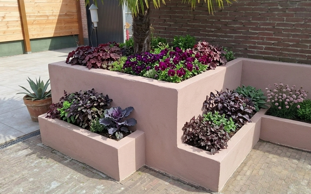 Plantenbak op maat met warme roze sierpleister