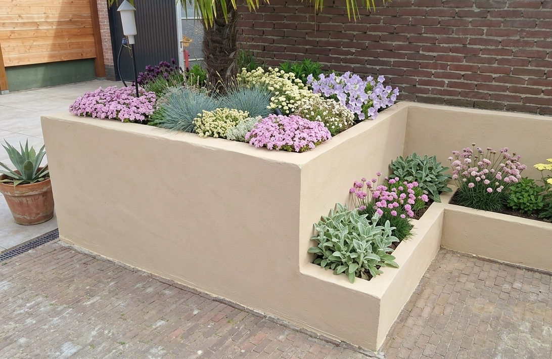 Plantenbak op maat met zandkleurige sierpleister